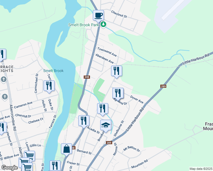 map of restaurants, bars, coffee shops, grocery stores, and more near 534 High Street in New Glasgow