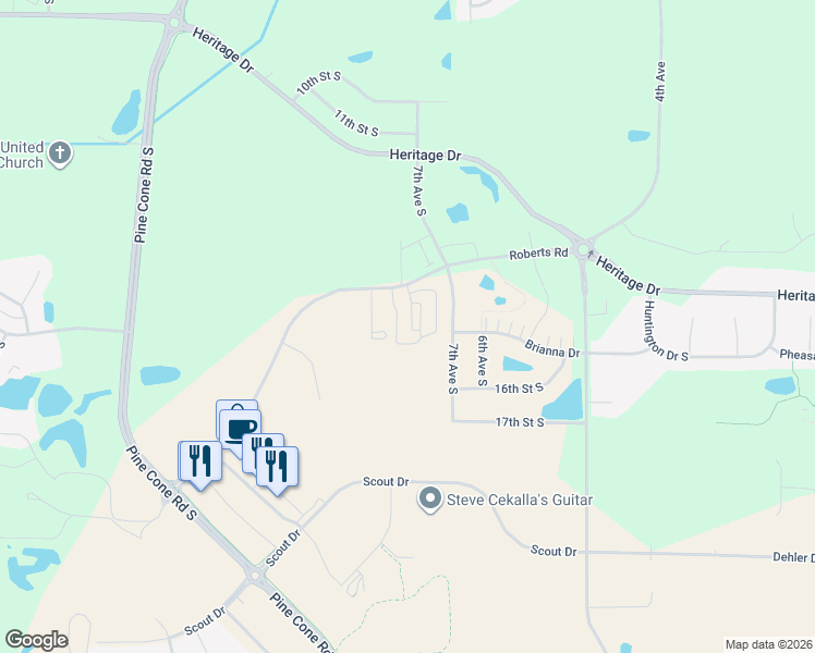 map of restaurants, bars, coffee shops, grocery stores, and more near 720 Roberts Road in Sartell