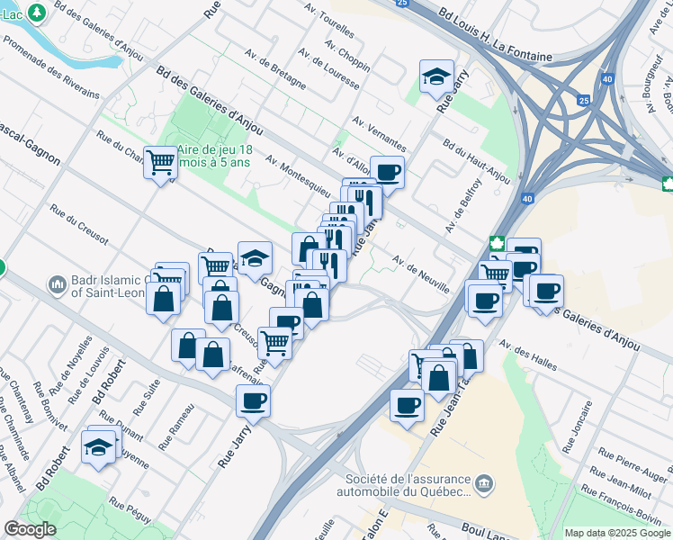 map of restaurants, bars, coffee shops, grocery stores, and more near 6965 Rue Jarry Est in Montréal