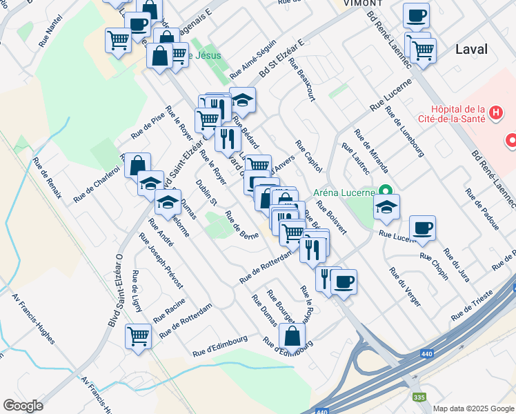 map of restaurants, bars, coffee shops, grocery stores, and more near 1791 Boulevard des Laurentides in Laval