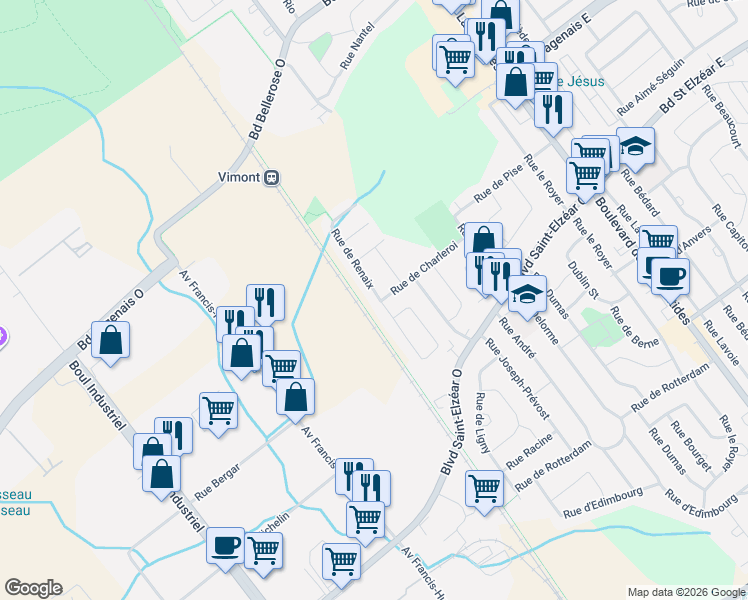 map of restaurants, bars, coffee shops, grocery stores, and more near 1970 Rue de Renaix in Laval