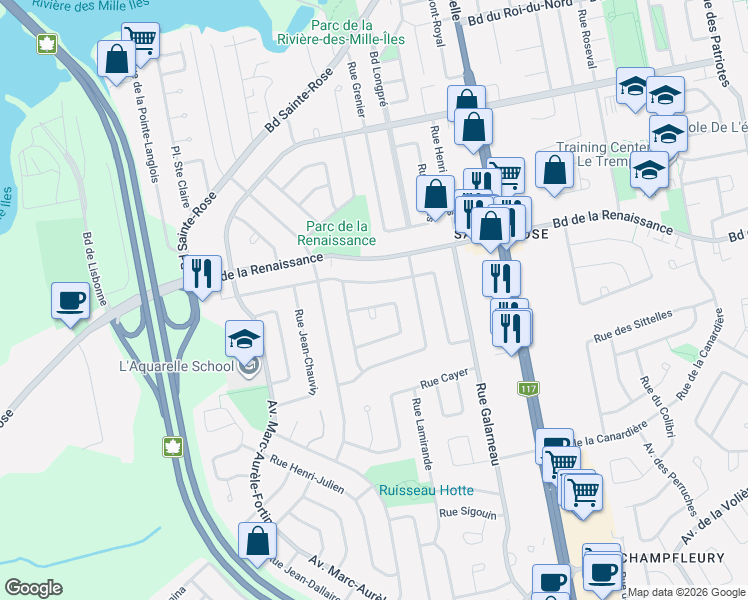 map of restaurants, bars, coffee shops, grocery stores, and more near 381 Rue Charles-Vézina in Laval