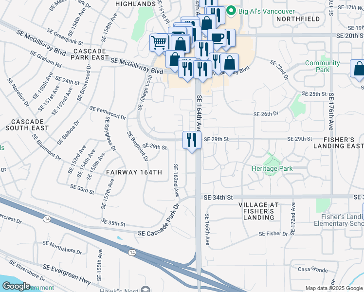 map of restaurants, bars, coffee shops, grocery stores, and more near 2901 Southeast 162nd Avenue in Vancouver