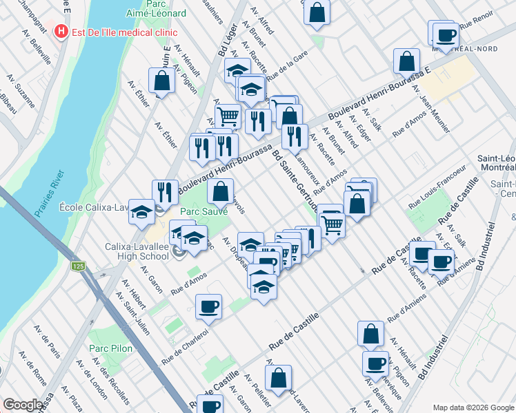 map of restaurants, bars, coffee shops, grocery stores, and more near 11377 Avenue l'Archevêque in Montréal