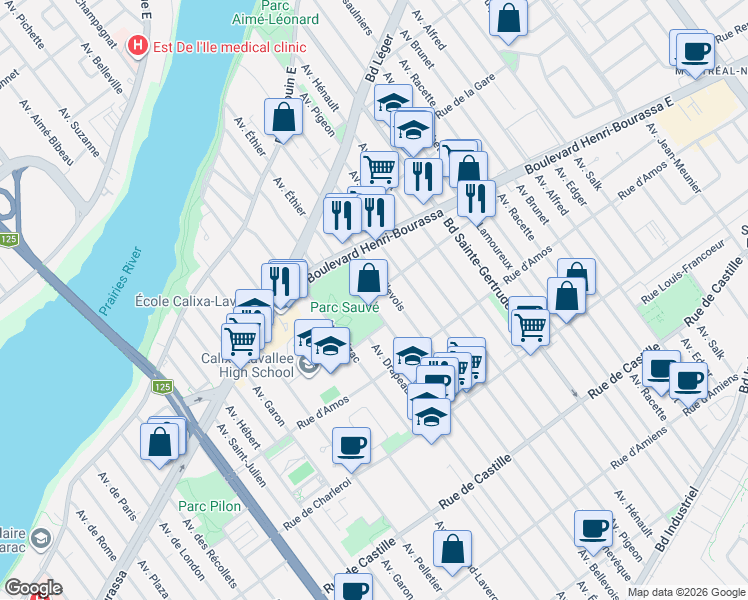map of restaurants, bars, coffee shops, grocery stores, and more near 11463 Avenue Éthier in Montréal