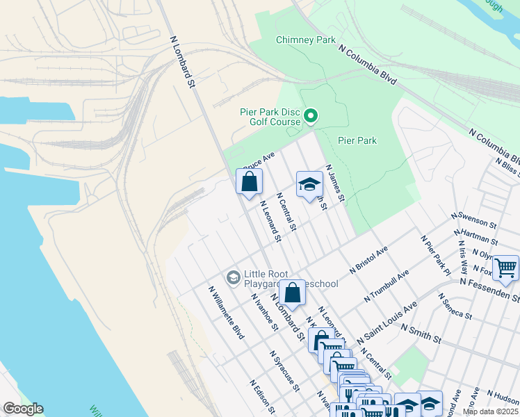 map of restaurants, bars, coffee shops, grocery stores, and more near 10046 North Leonard Street in Portland