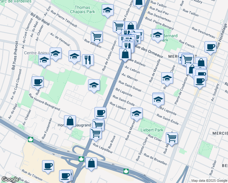 map of restaurants, bars, coffee shops, grocery stores, and more near 8300 Rue Sherbrooke Est in Montréal