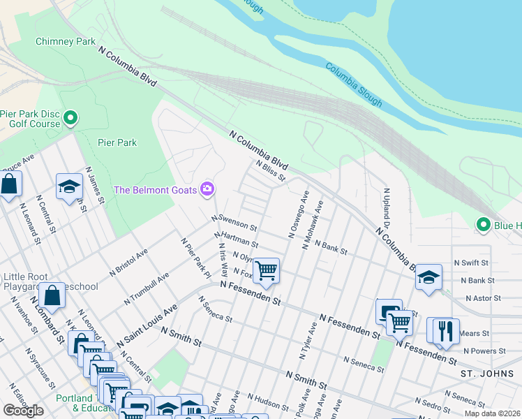 map of restaurants, bars, coffee shops, grocery stores, and more near 8328 North Bank Street in Portland
