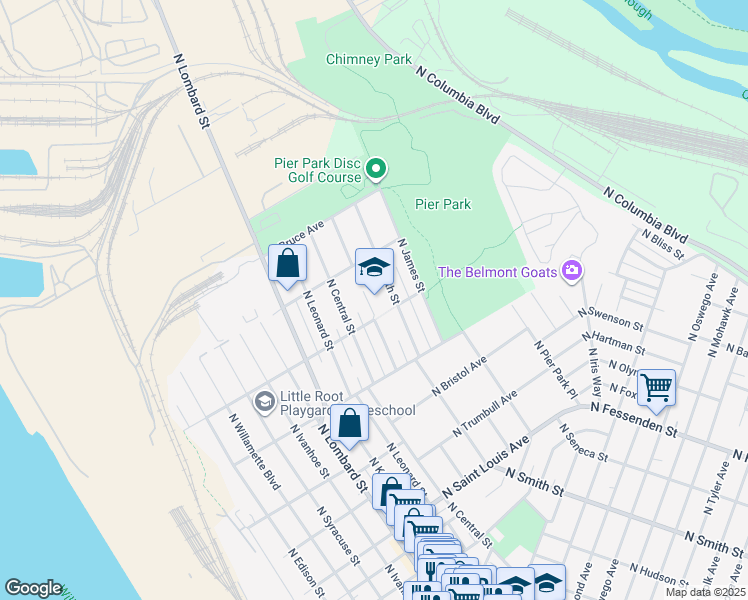 map of restaurants, bars, coffee shops, grocery stores, and more near 9930 North Smith Street in Portland