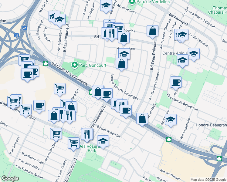 map of restaurants, bars, coffee shops, grocery stores, and more near 7670 Avenue Villars in Montréal