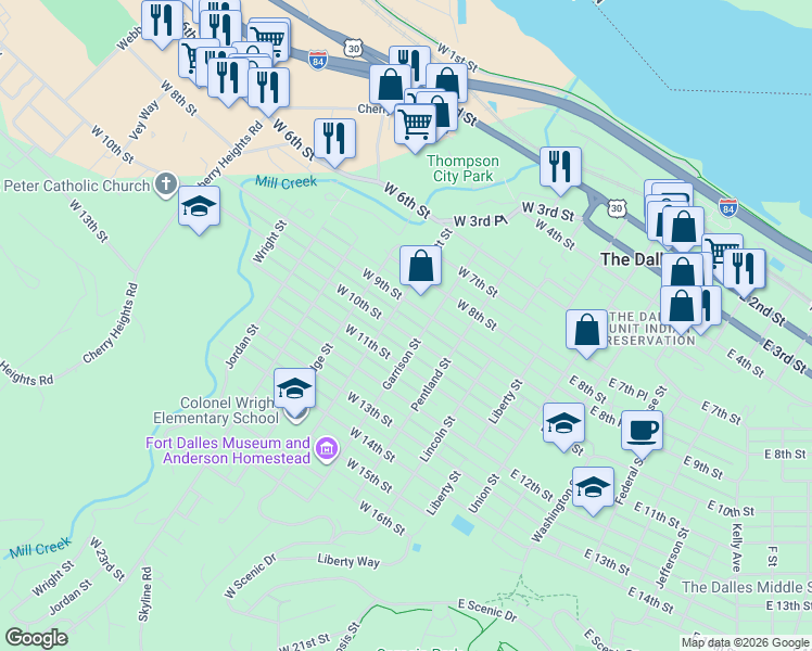 map of restaurants, bars, coffee shops, grocery stores, and more near 513 W 10th St in The Dalles