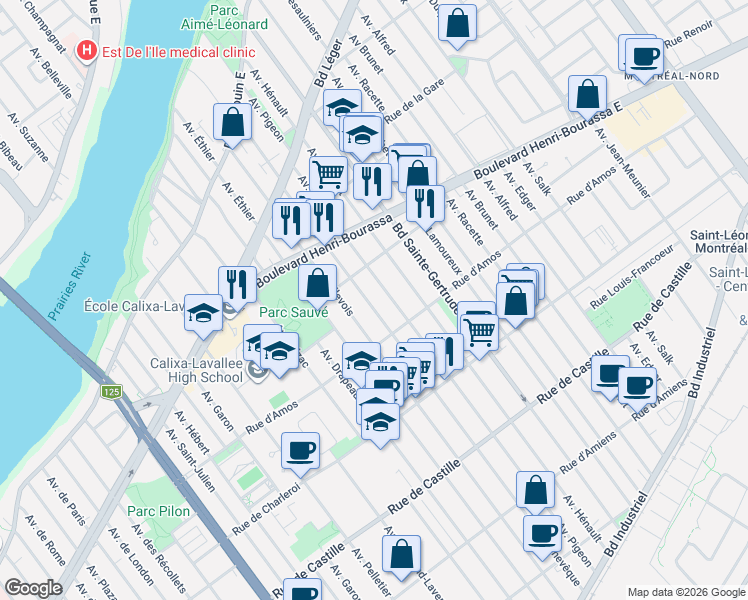 map of restaurants, bars, coffee shops, grocery stores, and more near 11385 Avenue l'Archevêque in Montréal