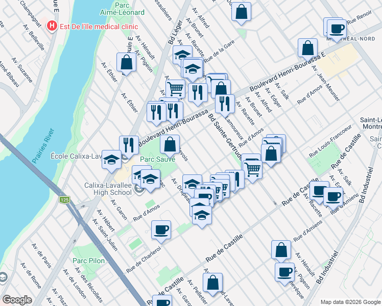 map of restaurants, bars, coffee shops, grocery stores, and more near 11420 Avenue l'Archevêque in Montréal
