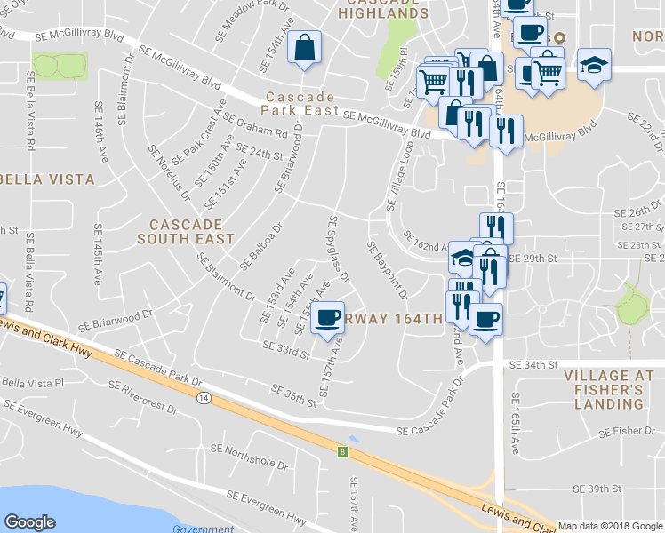map of restaurants, bars, coffee shops, grocery stores, and more near 15603 Southeast 28th Way in Vancouver