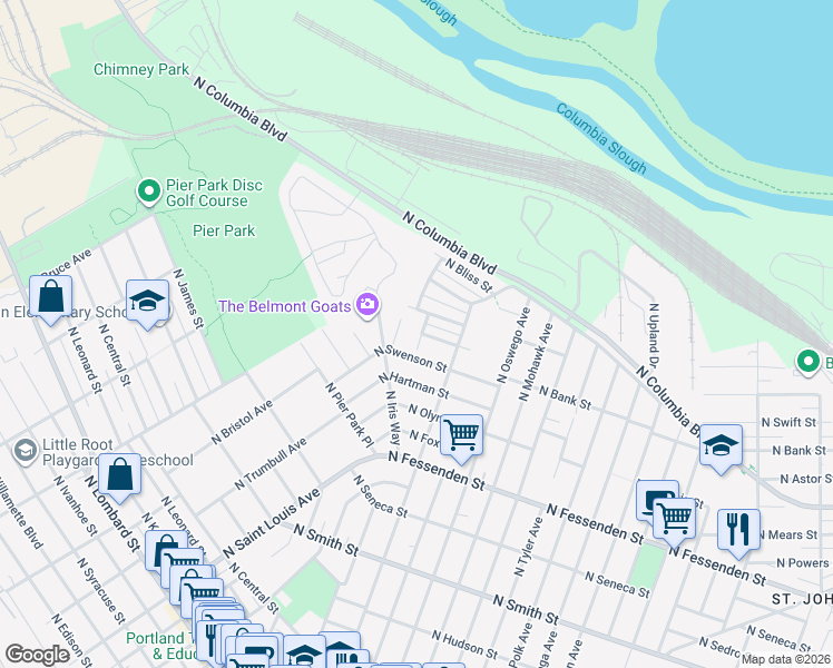 map of restaurants, bars, coffee shops, grocery stores, and more near 10181 North Ziegler Avenue in Portland