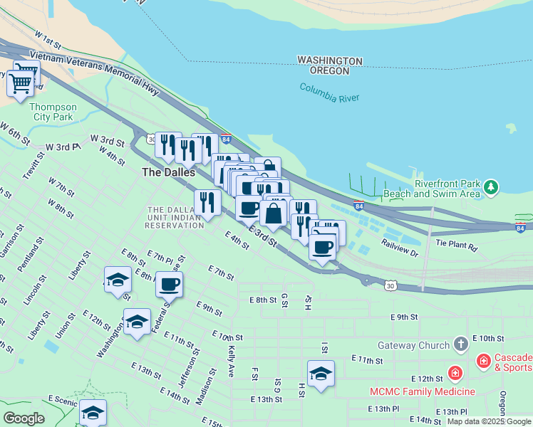 map of restaurants, bars, coffee shops, grocery stores, and more near 509 Mosier-The Dalles Highway in The Dalles