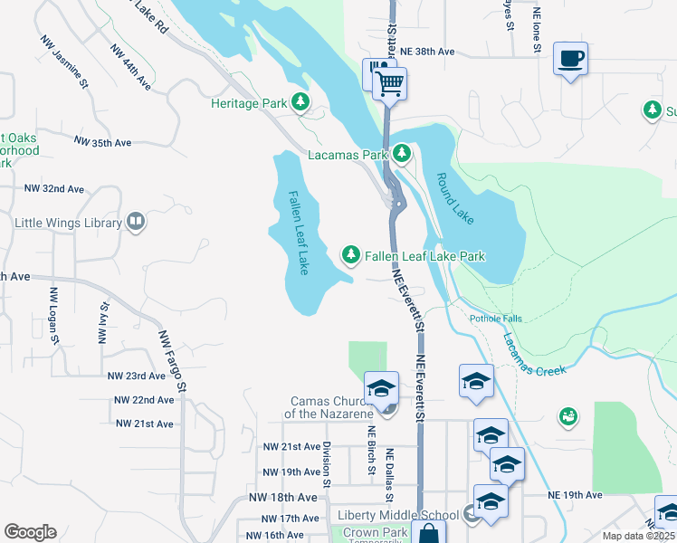 map of restaurants, bars, coffee shops, grocery stores, and more near 2911 Northeast Everett Street in Camas