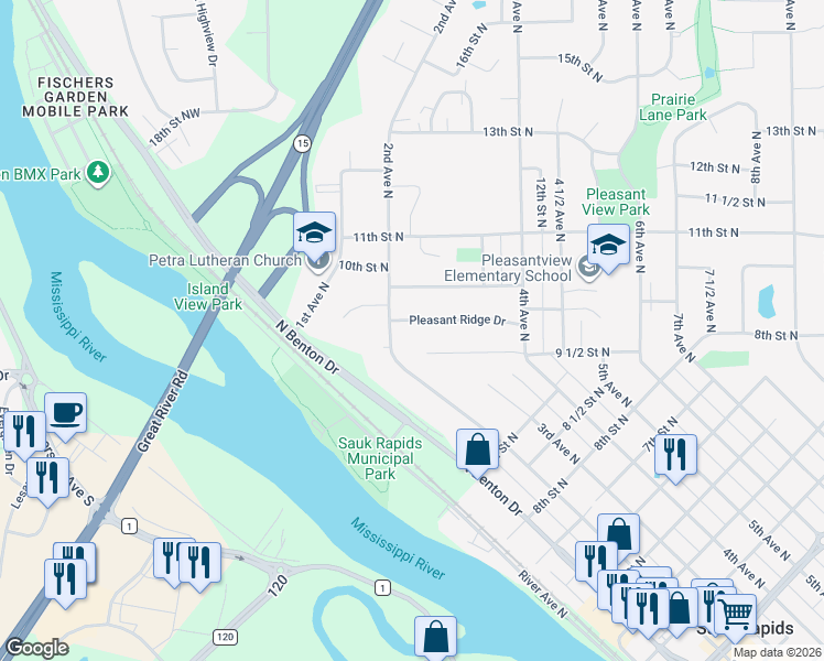 map of restaurants, bars, coffee shops, grocery stores, and more near 216 Pleasant Ridge Drive in Sauk Rapids