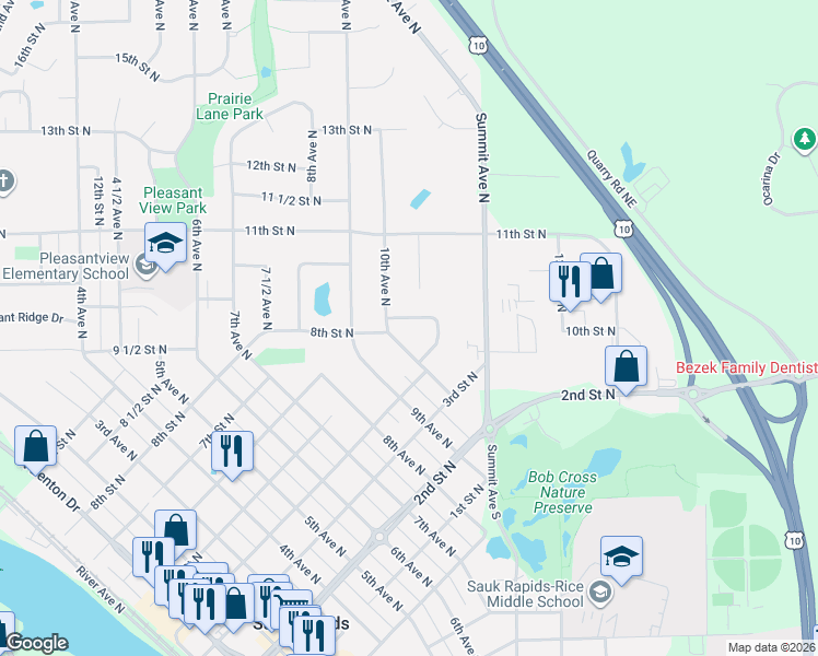 map of restaurants, bars, coffee shops, grocery stores, and more near 1004 Benedict Drive in Sauk Rapids
