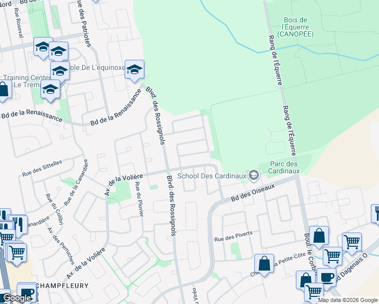 map of restaurants, bars, coffee shops, grocery stores, and more near 2221 Rue des Crécerelles in Laval