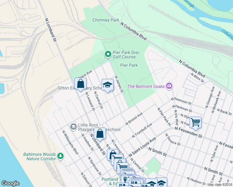 map of restaurants, bars, coffee shops, grocery stores, and more near 9217 North Reno Avenue in Portland