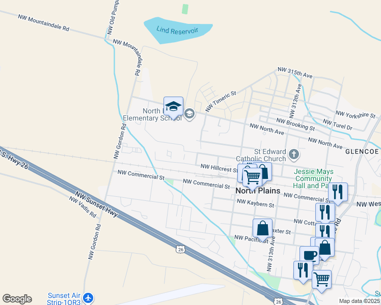 map of restaurants, bars, coffee shops, grocery stores, and more near 32180 Northwest Wascoe Street in North Plains