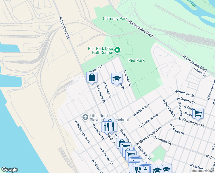 map of restaurants, bars, coffee shops, grocery stores, and more near 10011 North Central Street in Portland