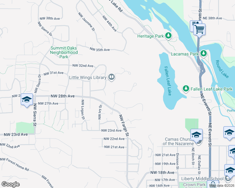 map of restaurants, bars, coffee shops, grocery stores, and more near 2836 Northwest Hill Street in Camas