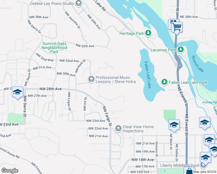 map of restaurants, bars, coffee shops, grocery stores, and more near 2910 Northwest Hill Street in Camas