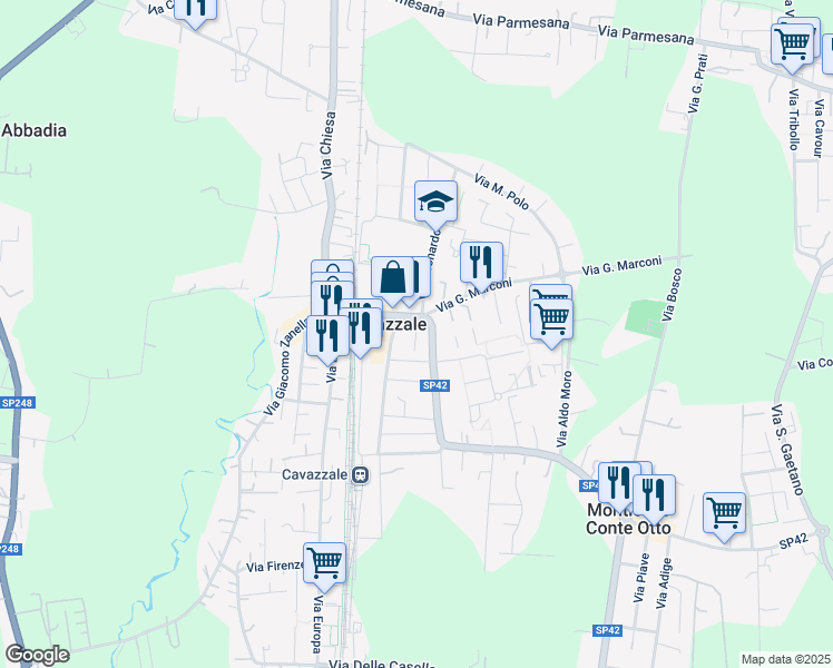 map of restaurants, bars, coffee shops, grocery stores, and more near 9 Vicolo dei Pioppi in Monticello Conte Otto