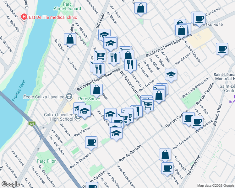 map of restaurants, bars, coffee shops, grocery stores, and more near 11378 Avenue Pigeon in Montréal
