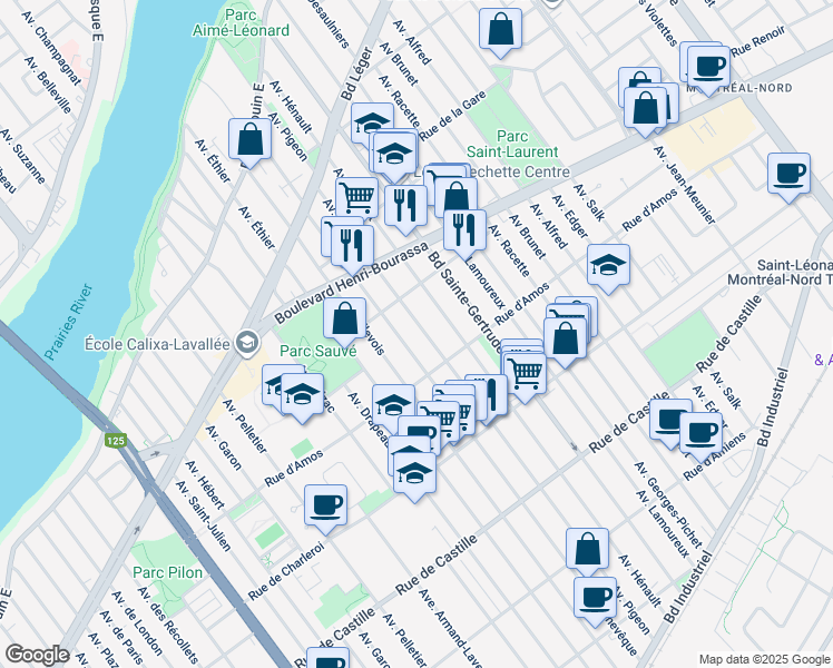map of restaurants, bars, coffee shops, grocery stores, and more near 5052 Boulevard Henri-Bourassa Est in Montréal