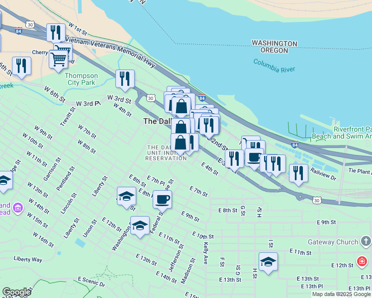 map of restaurants, bars, coffee shops, grocery stores, and more near 220 East 4th Street in The Dalles