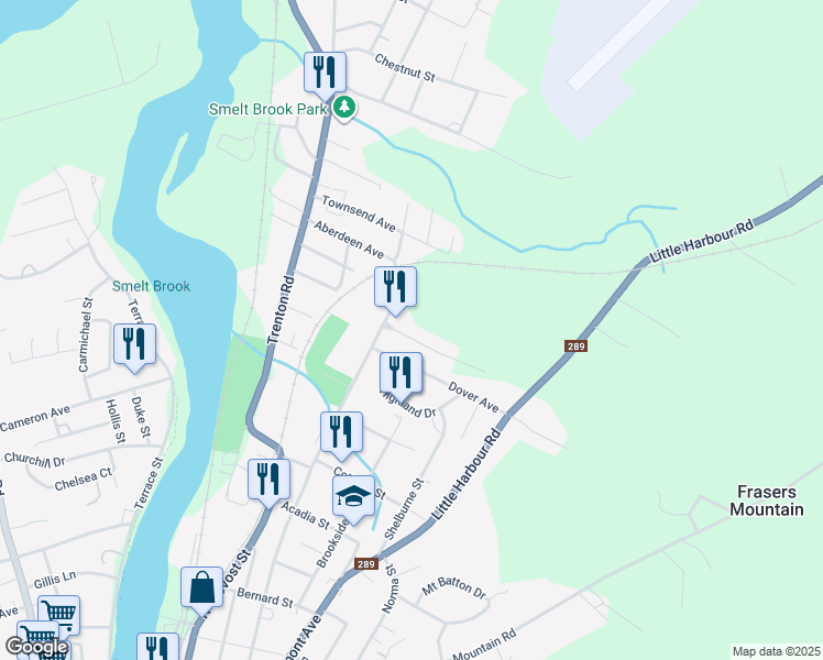 map of restaurants, bars, coffee shops, grocery stores, and more near 10 High Street Estates in New Glasgow
