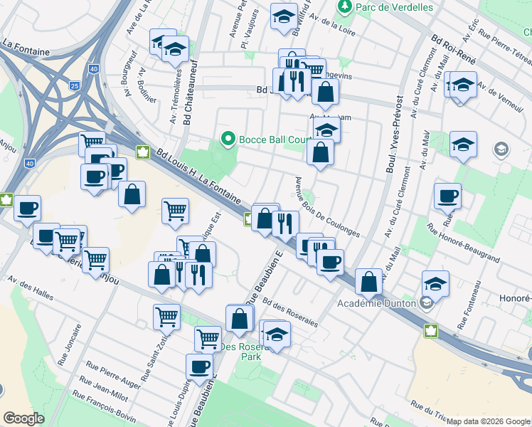 map of restaurants, bars, coffee shops, grocery stores, and more near 6435 Boulevard Louis H. La Fontaine in Montréal