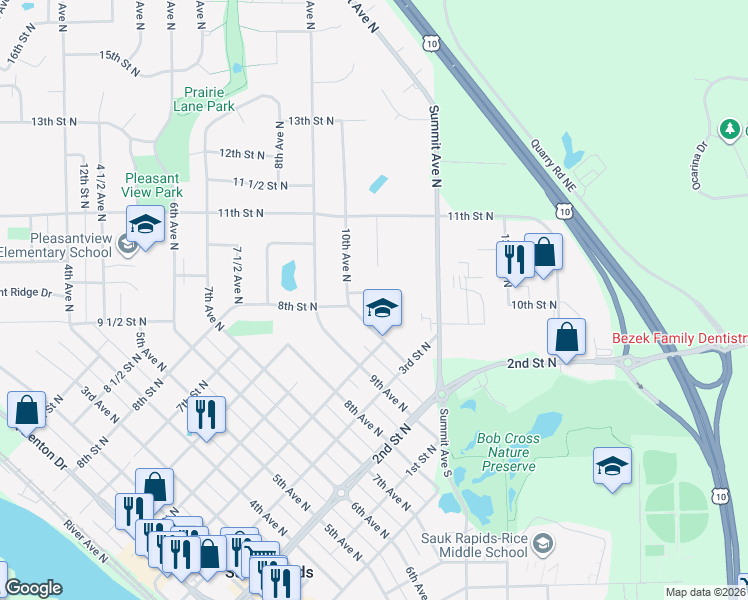 map of restaurants, bars, coffee shops, grocery stores, and more near 1050 Benedict Drive in Sauk Rapids