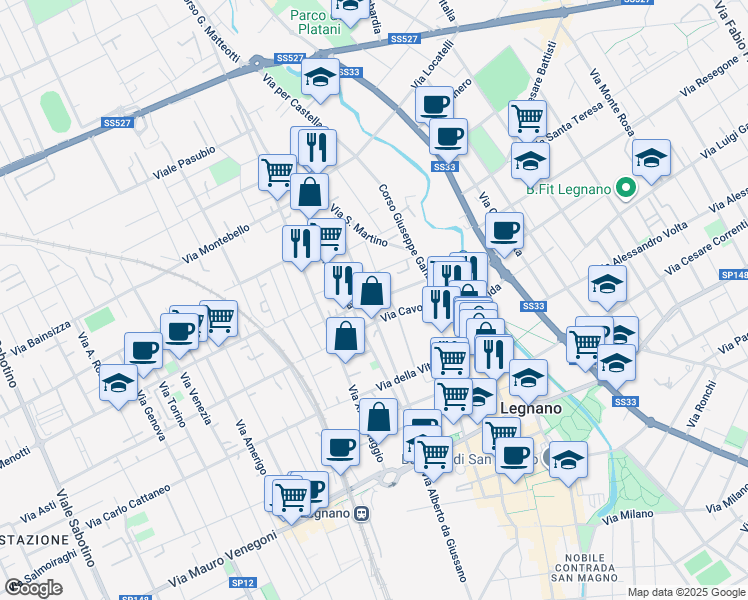 map of restaurants, bars, coffee shops, grocery stores, and more near 17 Via Giuseppe Mazzini in Legnano