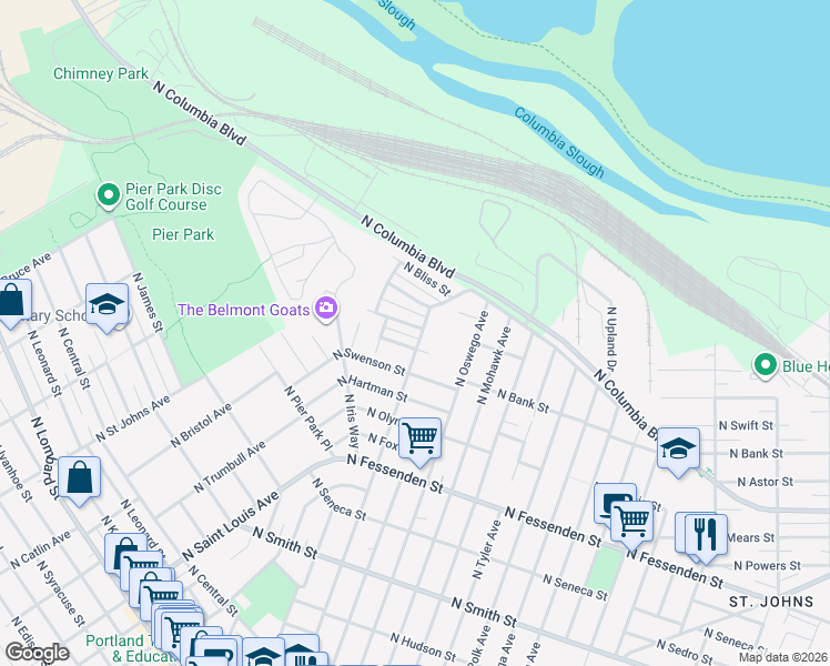 map of restaurants, bars, coffee shops, grocery stores, and more near 8320 North Hendricks Street in Portland