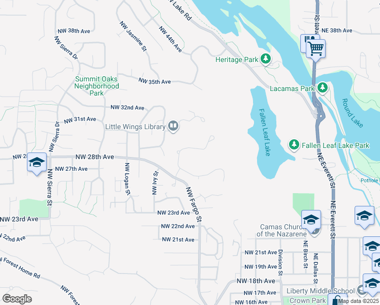 map of restaurants, bars, coffee shops, grocery stores, and more near 2836 Northwest Hill Street in Camas
