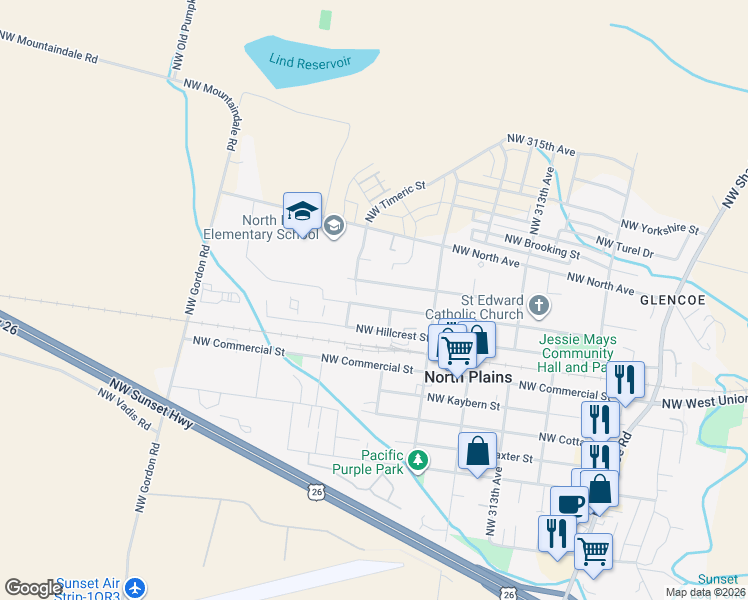 map of restaurants, bars, coffee shops, grocery stores, and more near 31859 Northwest Wascoe Street in North Plains