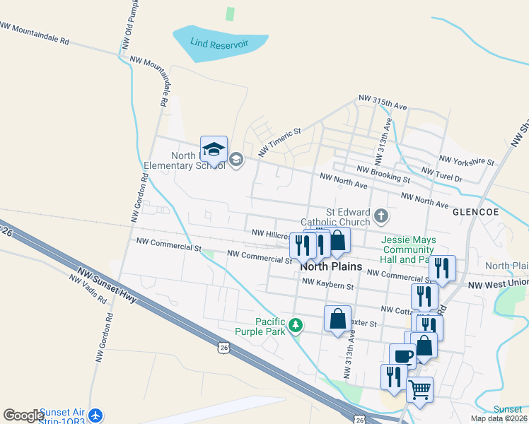 map of restaurants, bars, coffee shops, grocery stores, and more near 31859 Northwest Wascoe Street in North Plains
