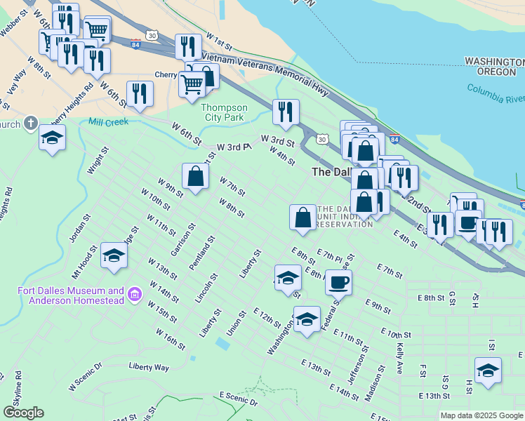 map of restaurants, bars, coffee shops, grocery stores, and more near 220 West 7th Street in The Dalles