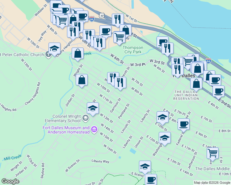map of restaurants, bars, coffee shops, grocery stores, and more near 513 West 10th Street in The Dalles