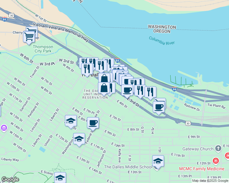 map of restaurants, bars, coffee shops, grocery stores, and more near 316 East 3rd Street in The Dalles