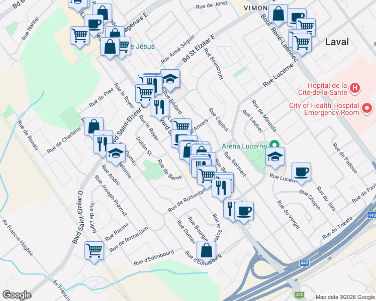 map of restaurants, bars, coffee shops, grocery stores, and more near 1811 Boulevard des Laurentides in Laval