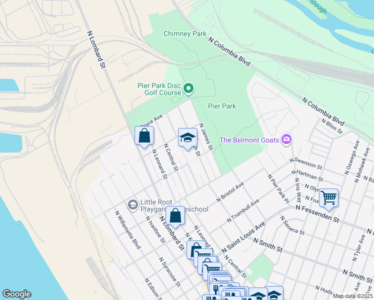 map of restaurants, bars, coffee shops, grocery stores, and more near 9930 North Smith Street in Portland