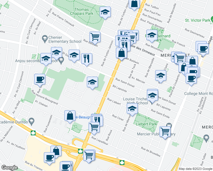 map of restaurants, bars, coffee shops, grocery stores, and more near 8295 Rue Sherbrooke Est in Montréal