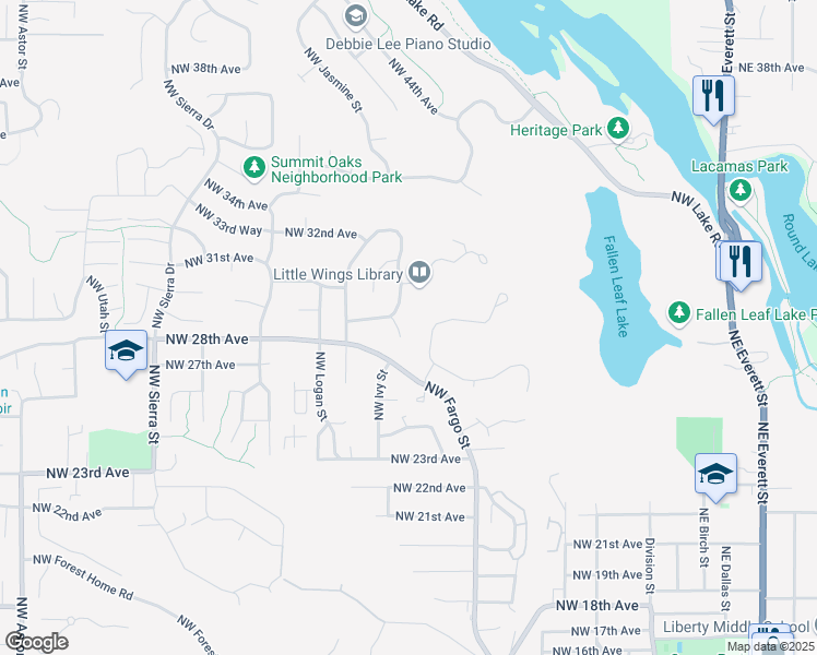 map of restaurants, bars, coffee shops, grocery stores, and more near 2838 Northwest Ivy Lane in Camas