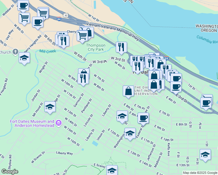 map of restaurants, bars, coffee shops, grocery stores, and more near 220 West 7th Street in The Dalles
