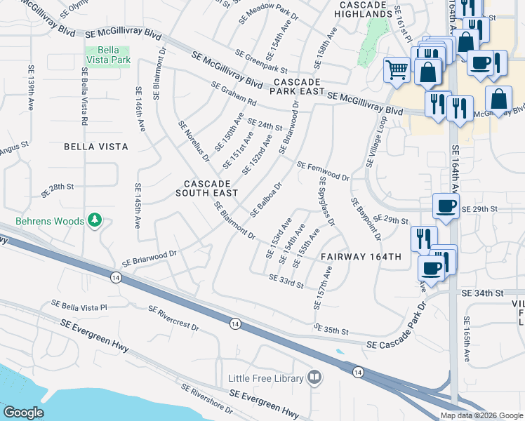 map of restaurants, bars, coffee shops, grocery stores, and more near 2901 Southeast Balboa Drive in Vancouver